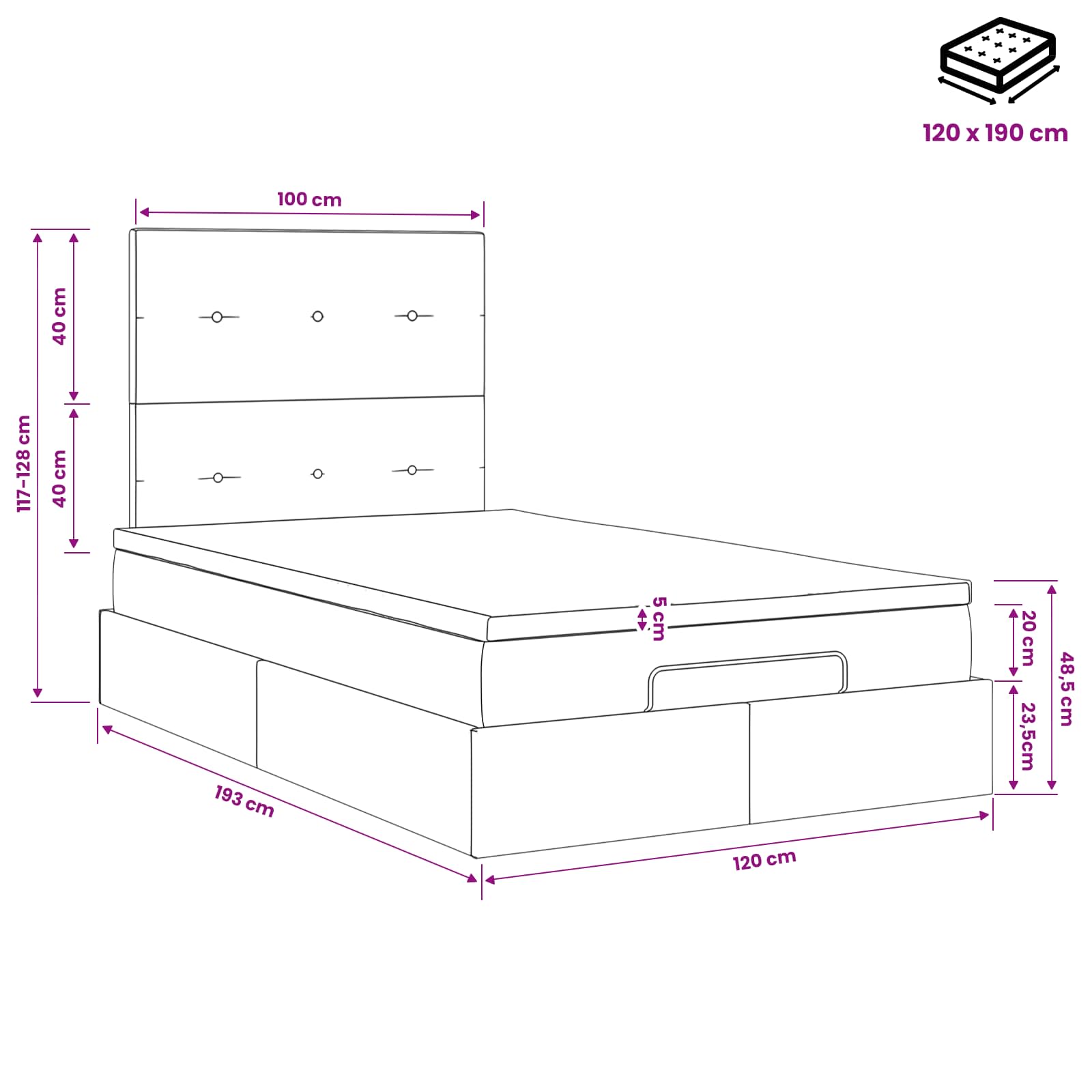 Letto ottomano con materasso Grigio Chiaro 120 x 190 cm Velluto | homemem39