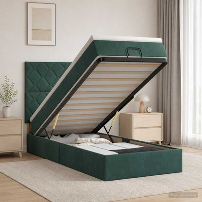 Letto Ottomano con Materasso e LED Verde Scuro 90 x 190 cm