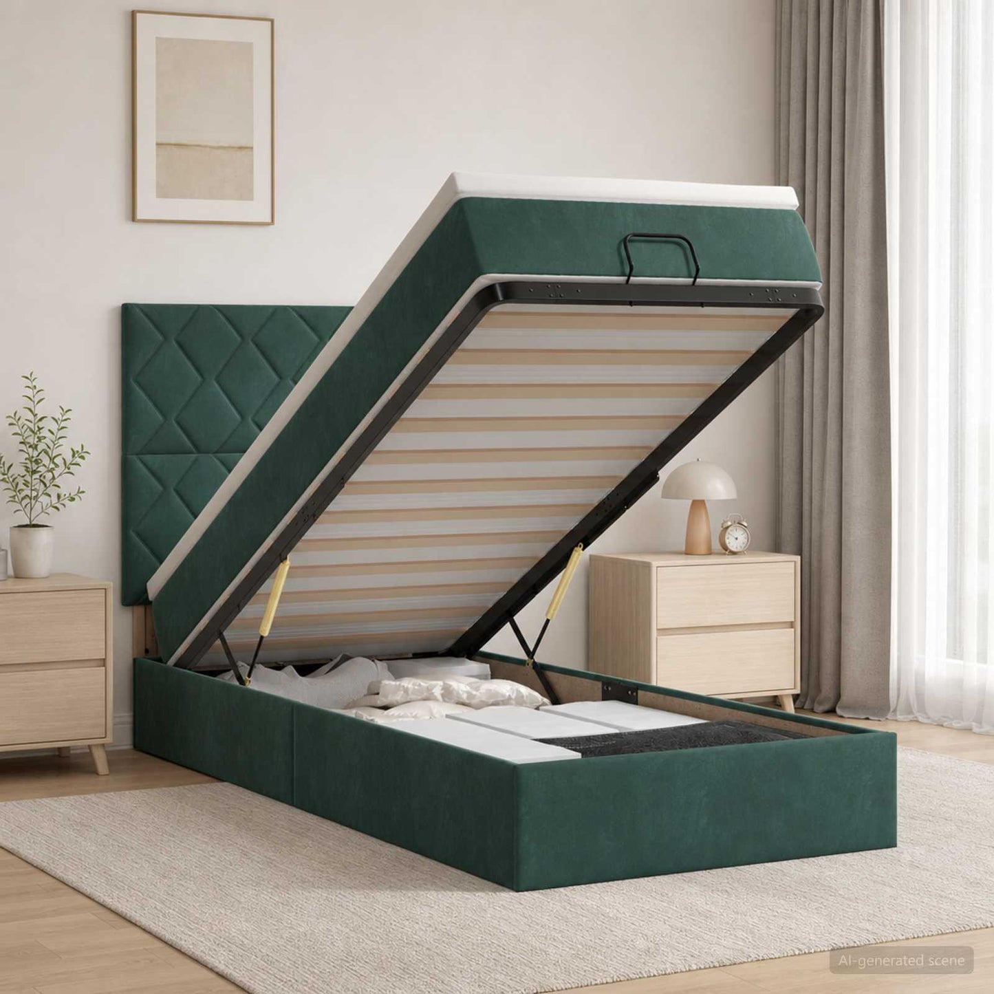 Letto Ottomano con Materasso e LED Verde Scuro 90 x 200 cm | homemem39