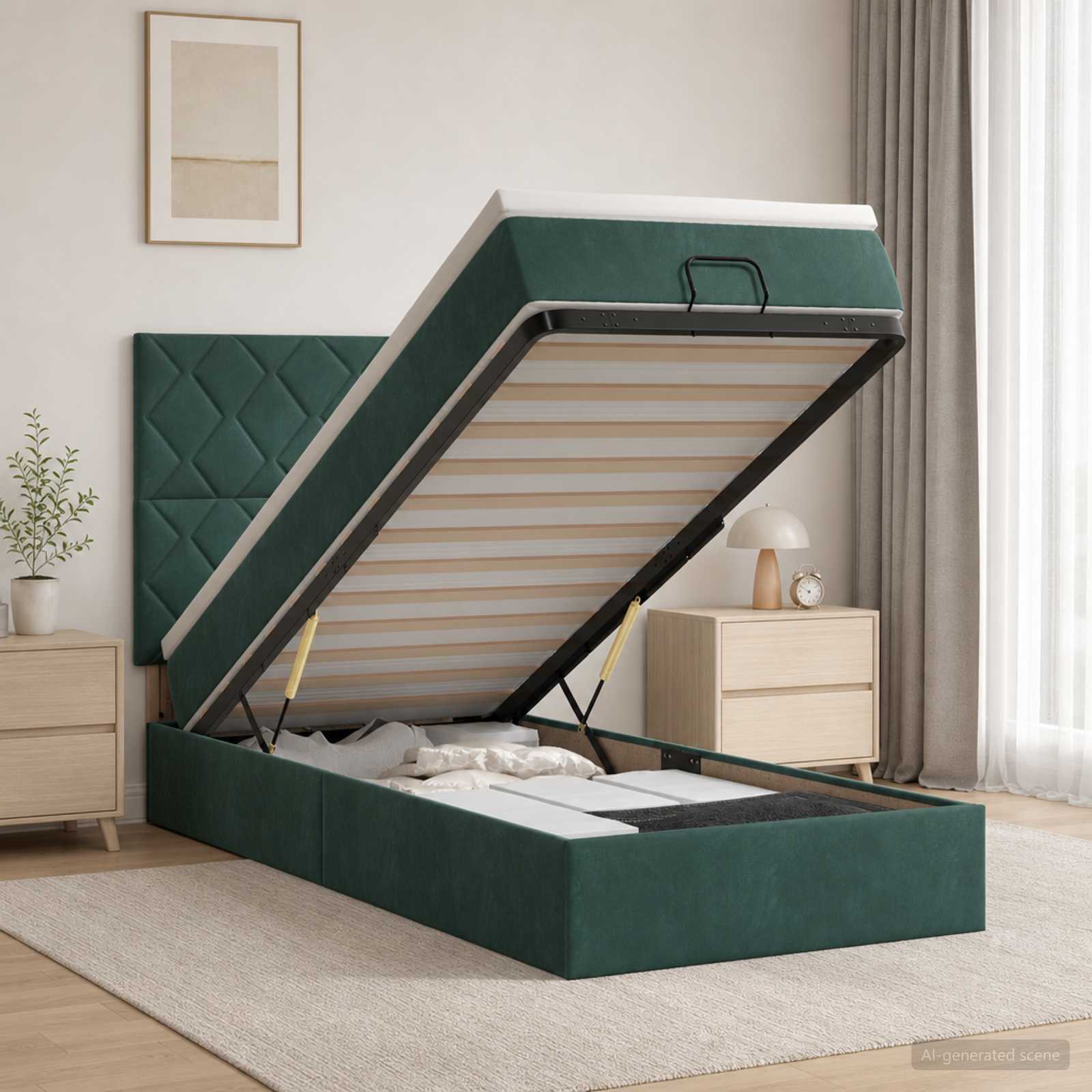 Letto Ottomano con Materasso e LED Verde Scuro 90 x 200 cm | homemem39