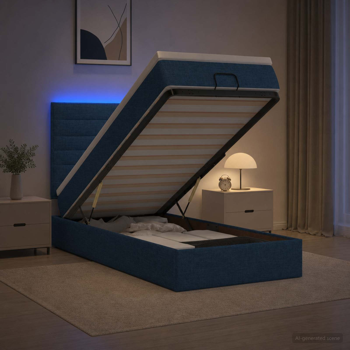 Letto Ottomano con Materasso e LED Blu 80 x 200 cm Tessuto