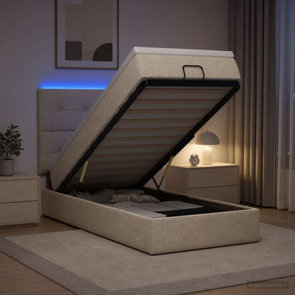 Letto Ottomano con Materasso e LED Crema 90 x 200 cm Tessuto