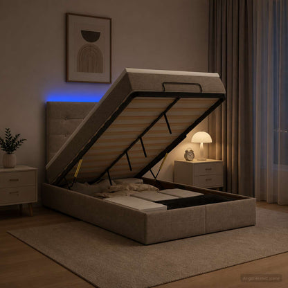 Letto Ottomano con Materasso e LED Tortora 120 x 200 cm Tessuto | homemem39