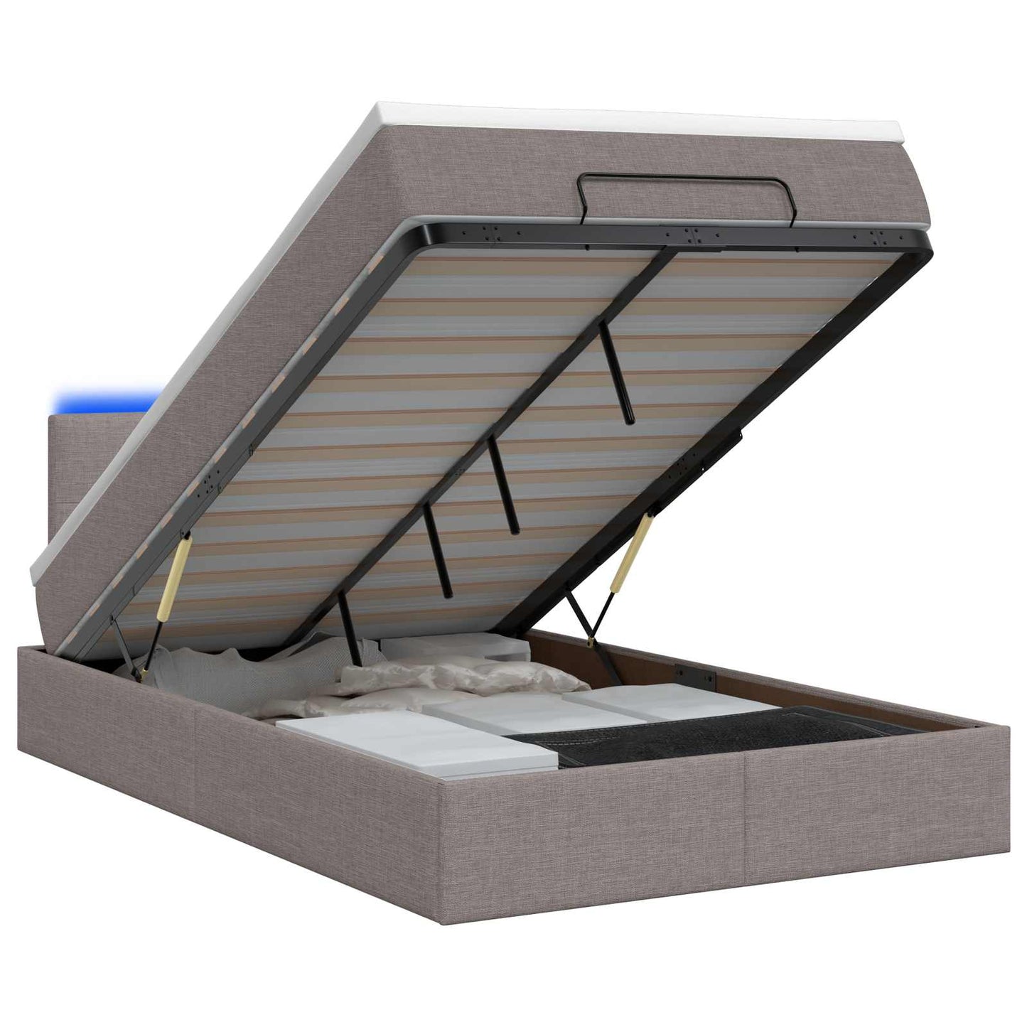 Letto Ottomano con Materasso e LED Tortora 120 x 190 cm Tessuto | homemem39