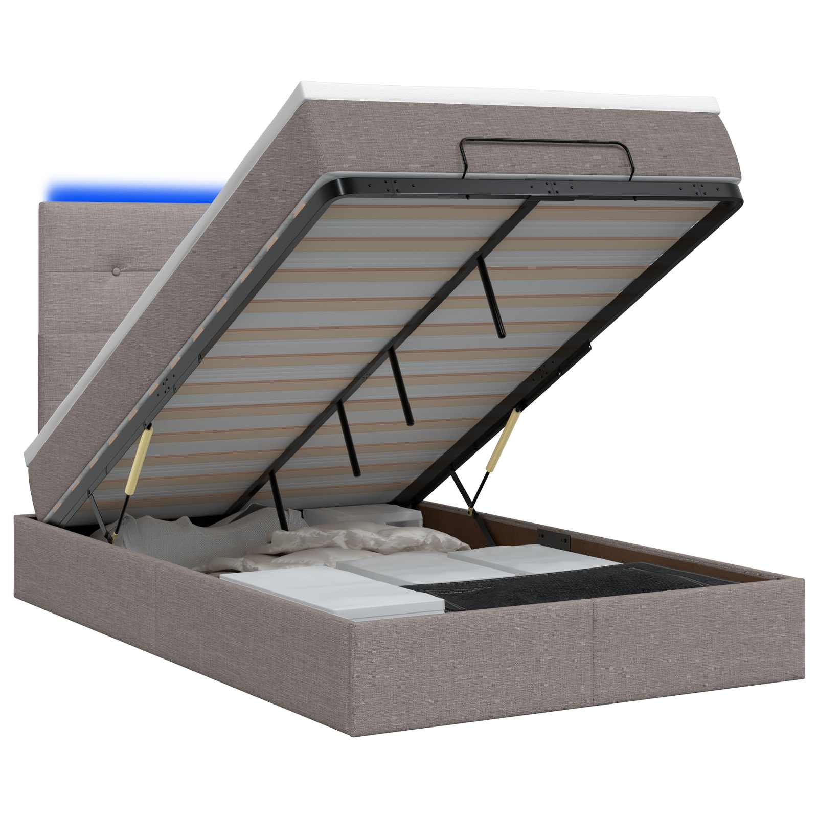 Letto Ottomano con Materasso e LED Tortora 120 x 200 cm Tessuto | homemem39
