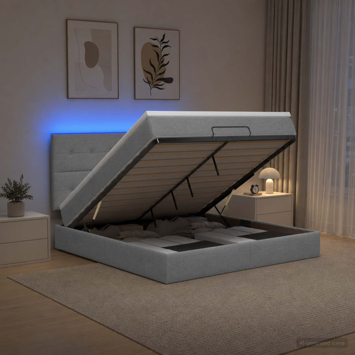Letto Ottomano con Materasso e LED Grigio Chiaro 140 x 190 cm | homemem39