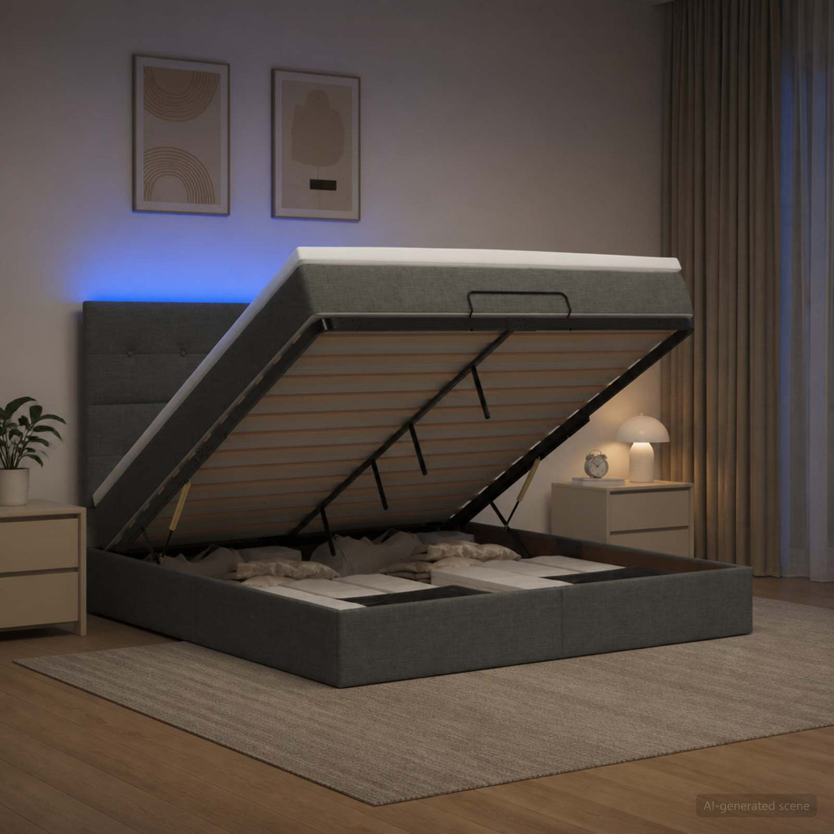 Letto Ottomano con Materasso e LED Grigio Scuro 140 x 190 cm | homemem39