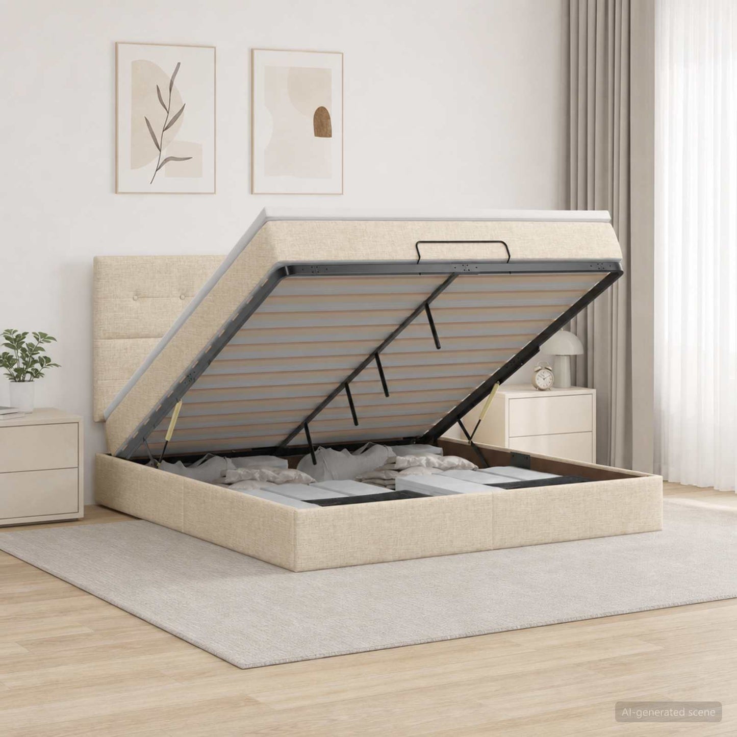 Letto Ottomano con Materasso e LED Crema 140 x 190 cm Tessuto