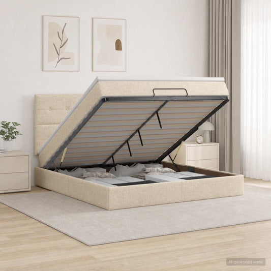Letto Ottomano con Materasso e LED Crema 140 x 190 cm Tessuto - homemem39