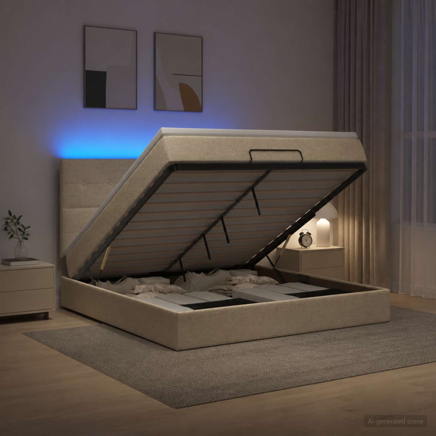 Letto Ottomano con Materasso e LED Crema 140 x 190 cm Tessuto