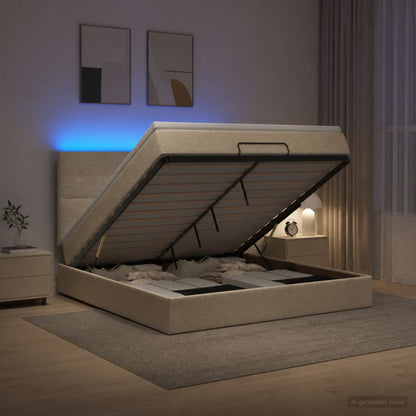 Letto Ottomano con Materasso e LED Crema 140 x 190 cm Tessuto
