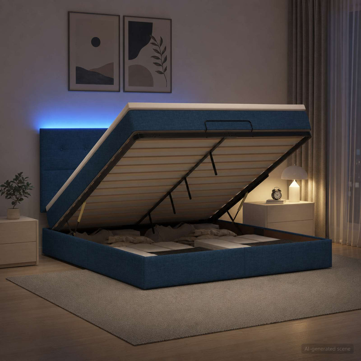 Letto Ottomano con Materasso e LED Blu 140 x 190 cm Tessuto | homemem39