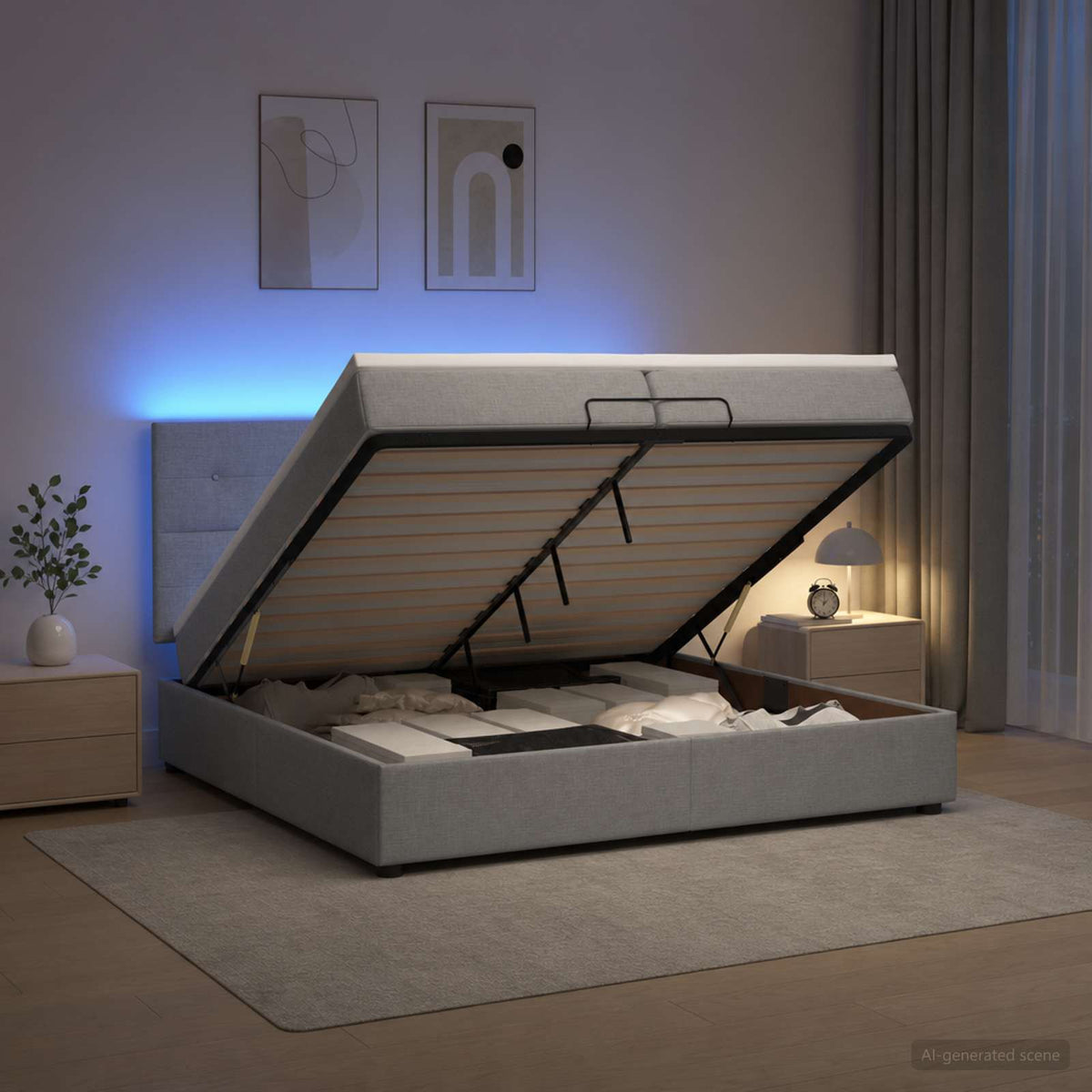 Letto Ottomano con Materasso e LED Grigio Chiaro 200 x 200 cm