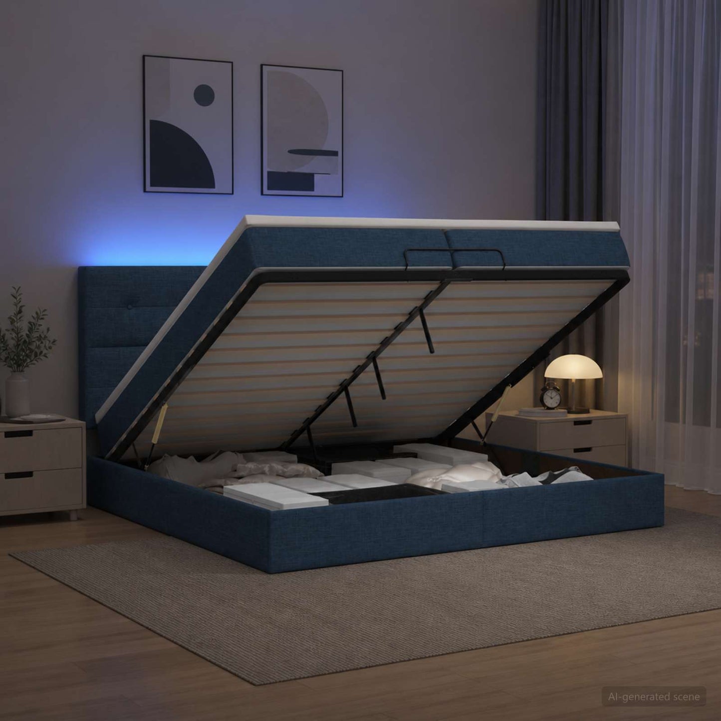 Letto Ottomano con Materasso e LED Blu 200 x 200 cm Tessuto | homemem39