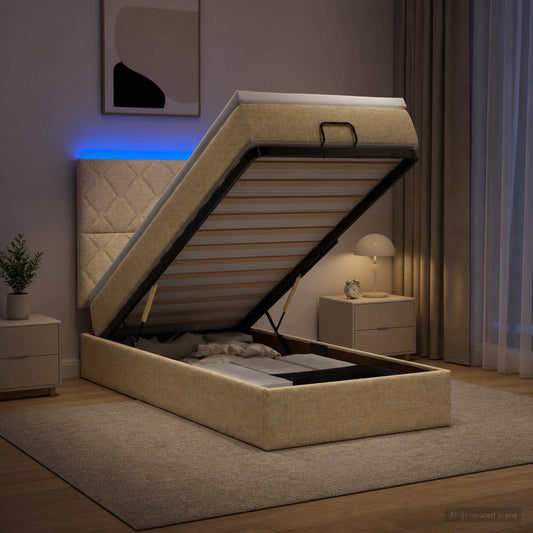 Letto Ottomano con Materasso e LED Crema 80 x 200 cm Tessuto