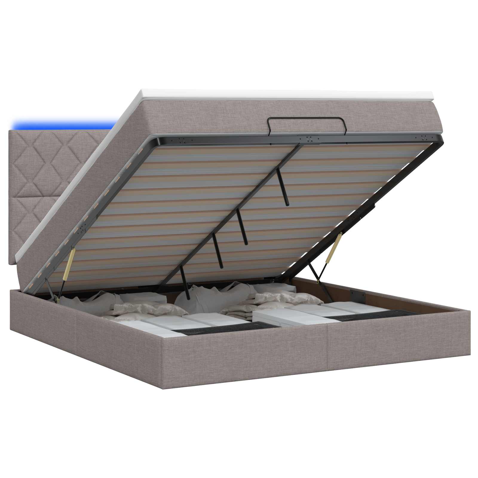 Letto Ottomano con Materasso e LED Tortora 140 x 200 cm Tessuto | homemem39