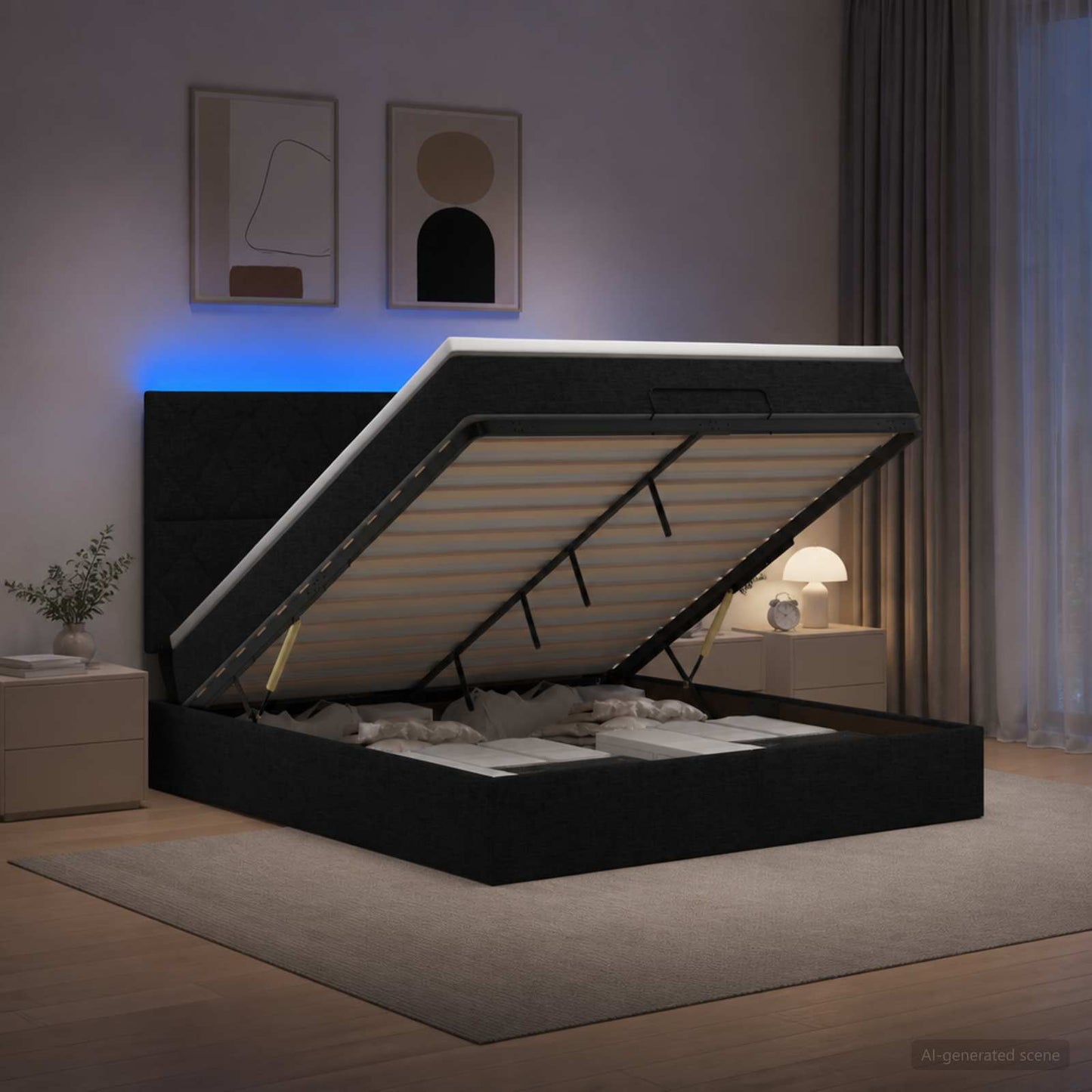Letto Ottomano con Materasso e LED Nero 140 x 200 cm Tessuto | homemem39