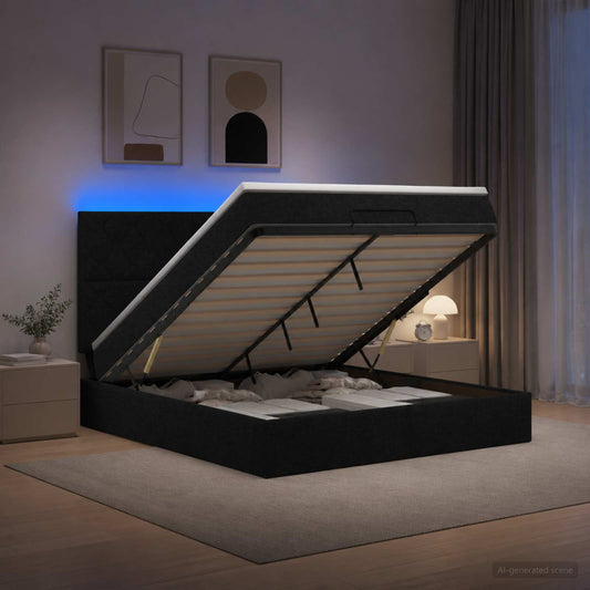 Letto Ottomano con Materasso e LED Nero 140 x 200 cm Tessuto | homemem39