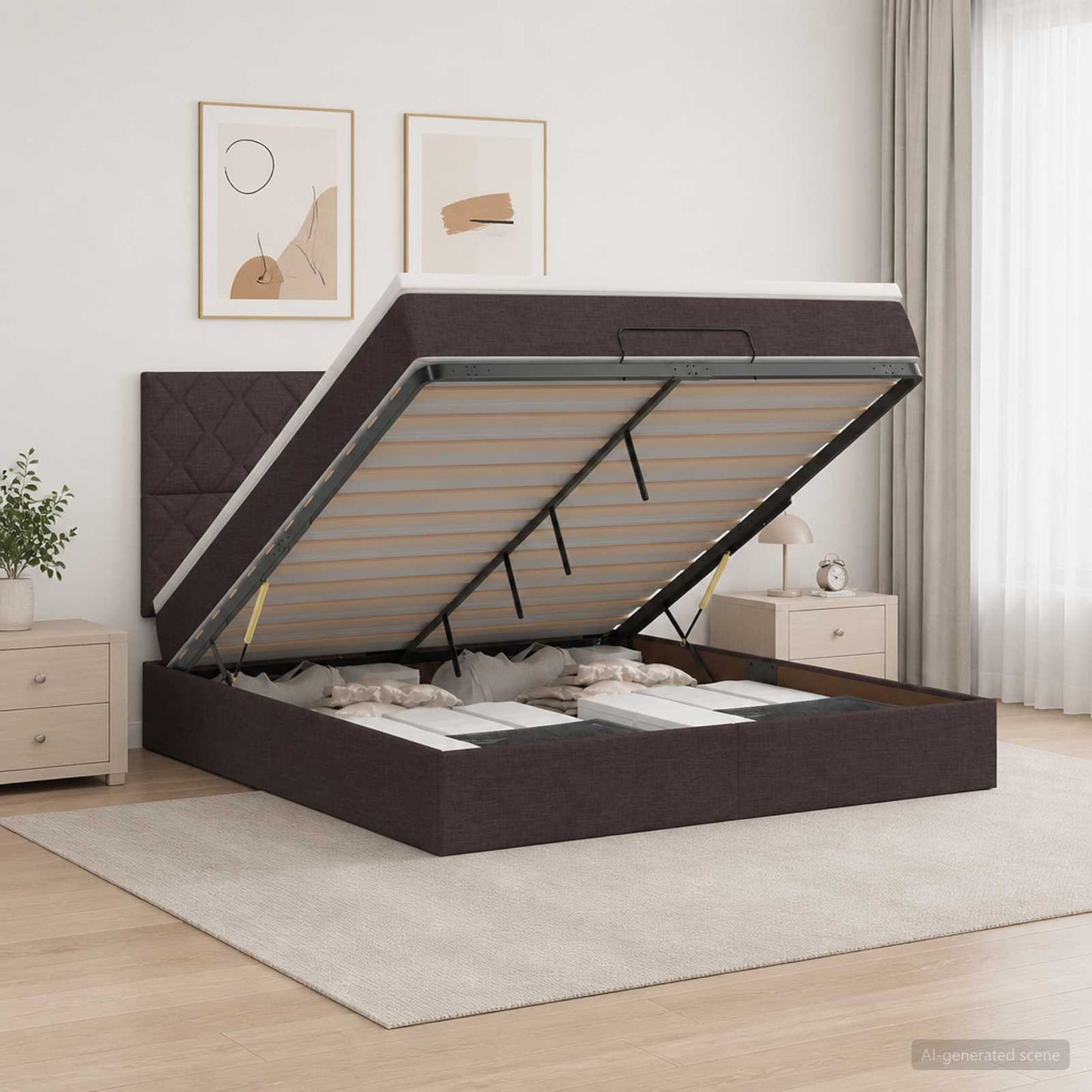 Letto ottomano con materasso Marrone Scuro 140 x 200 cm Tessuto | homemem39