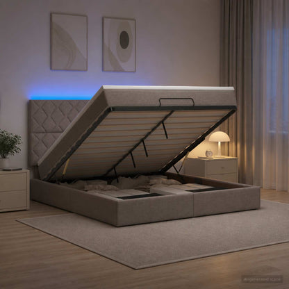 Letto Ottomano con Materasso e LED Tortora 140 x 200 cm Tessuto | homemem39