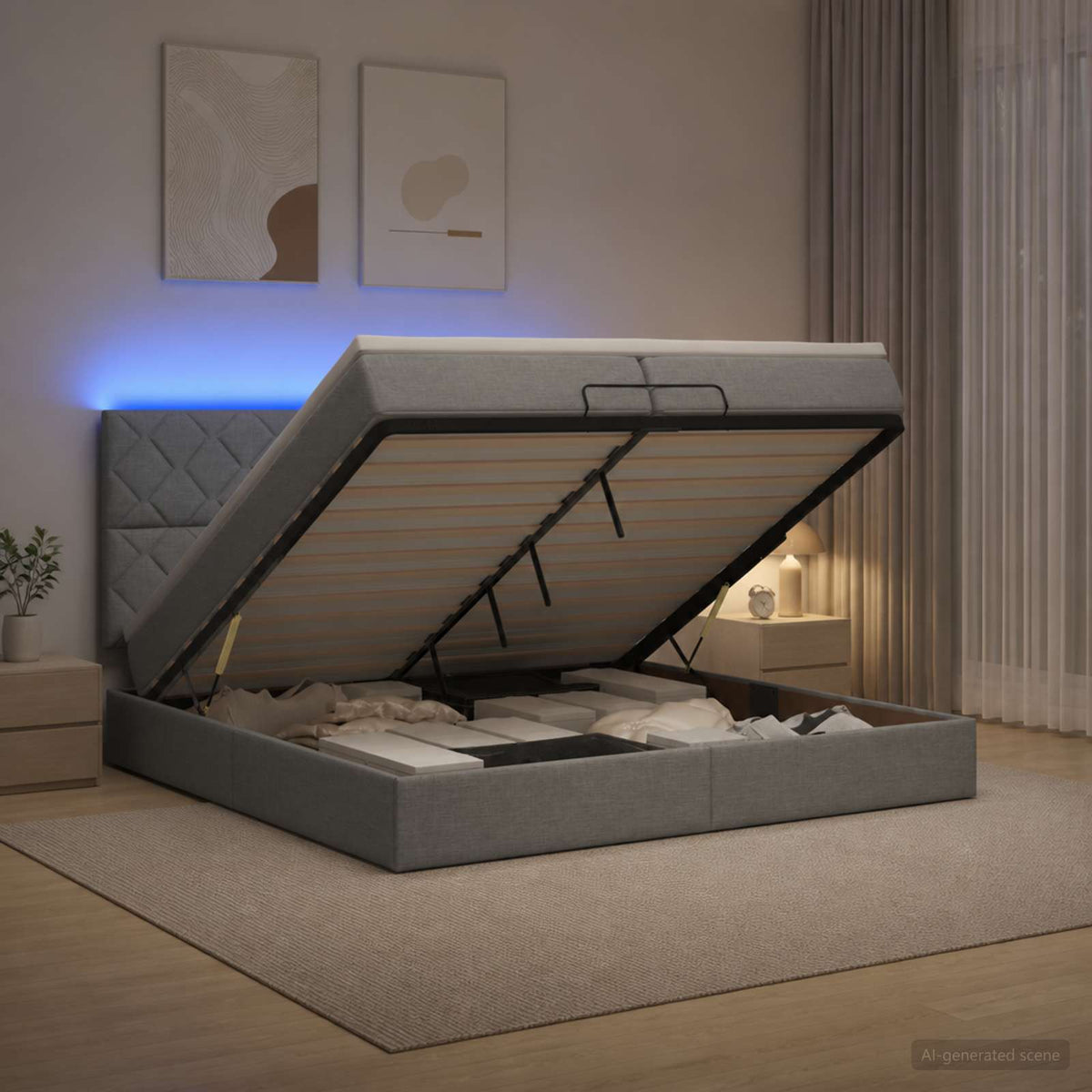Letto Ottomano con Materasso e LED Grigio Chiaro 200 x 200 cm | homemem39