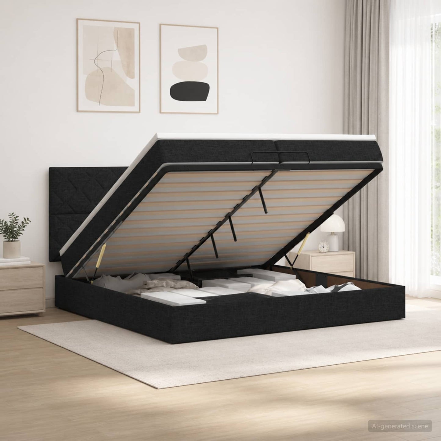 Letto Ottomano con Materasso e LED Nero 200 x 200 cm Tessuto