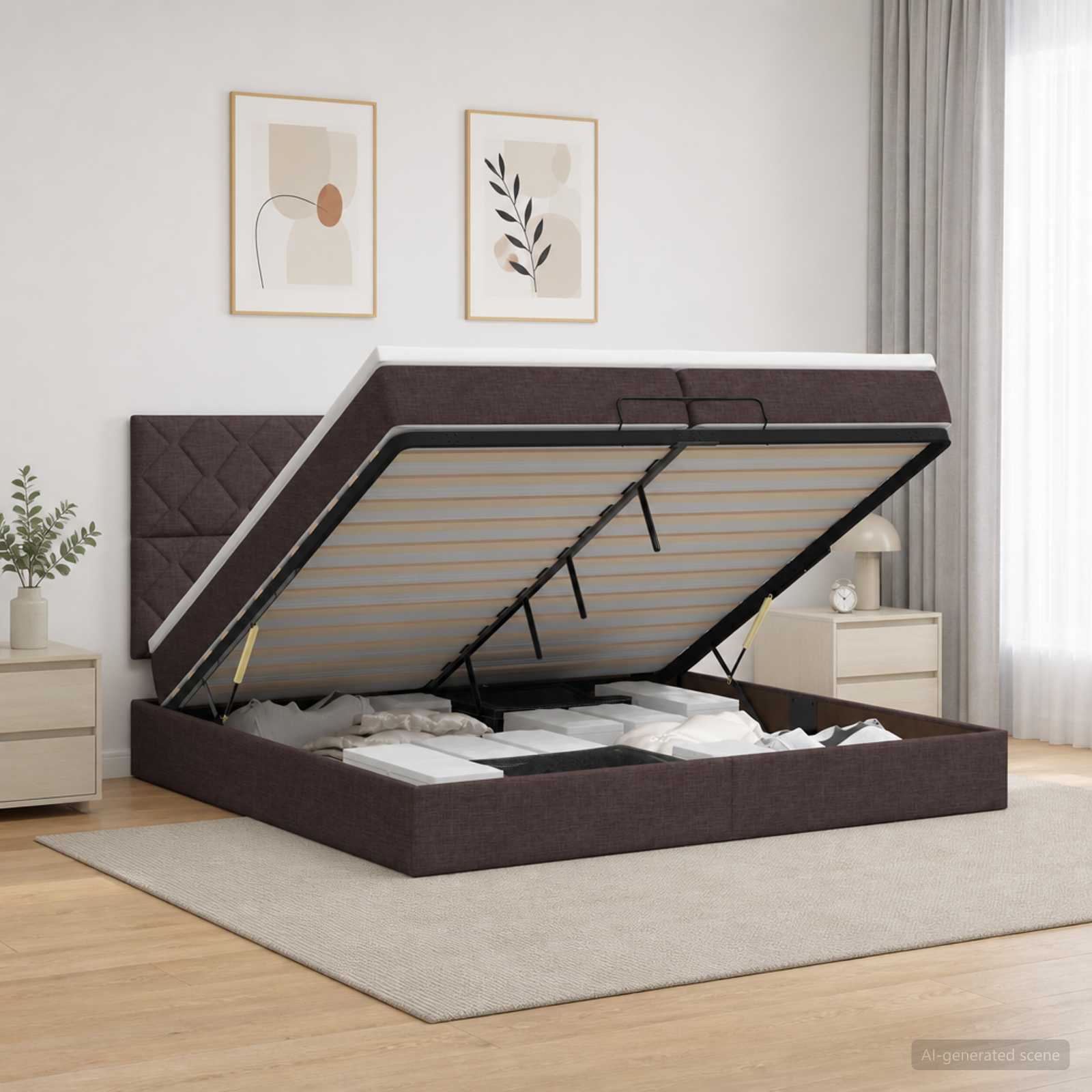 Letto ottomano con materasso Marrone Scuro 200 x 200 cm Tessuto | homemem39
