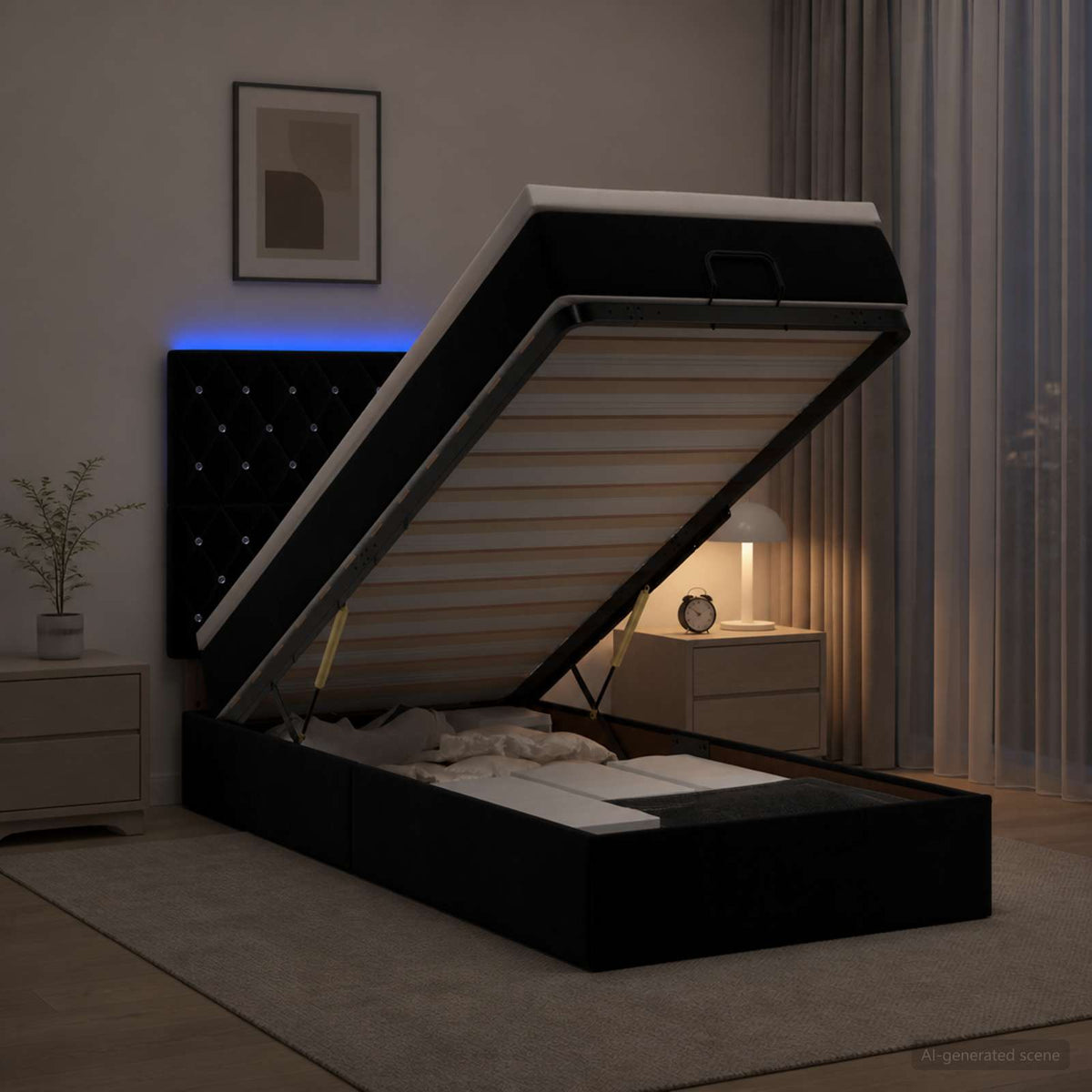 Letto Ottomano con Materasso e LED Nero 90 x 200 cm Velluto | homemem39