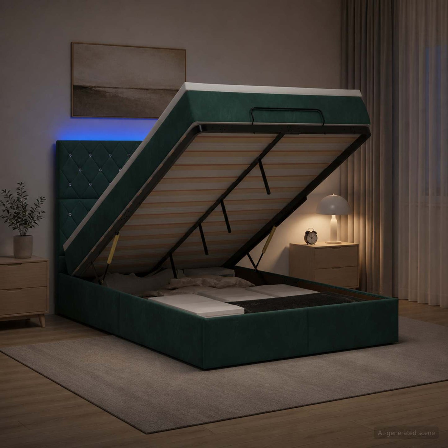 Letto Ottomano con Materasso e LED Verde Scuro 120 x 200 cm