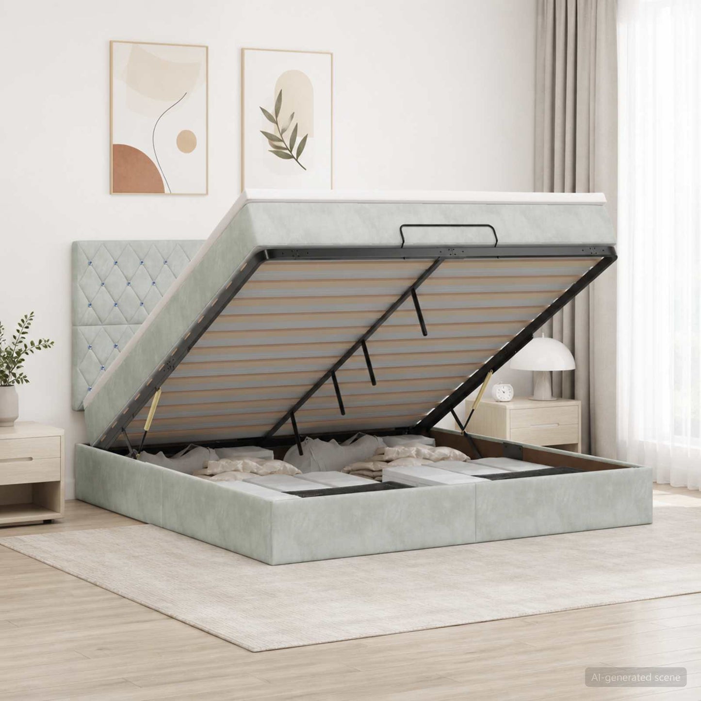 Letto Ottomano con Materasso e LED Grigio Chiaro 160 x 200 cm | homemem39
