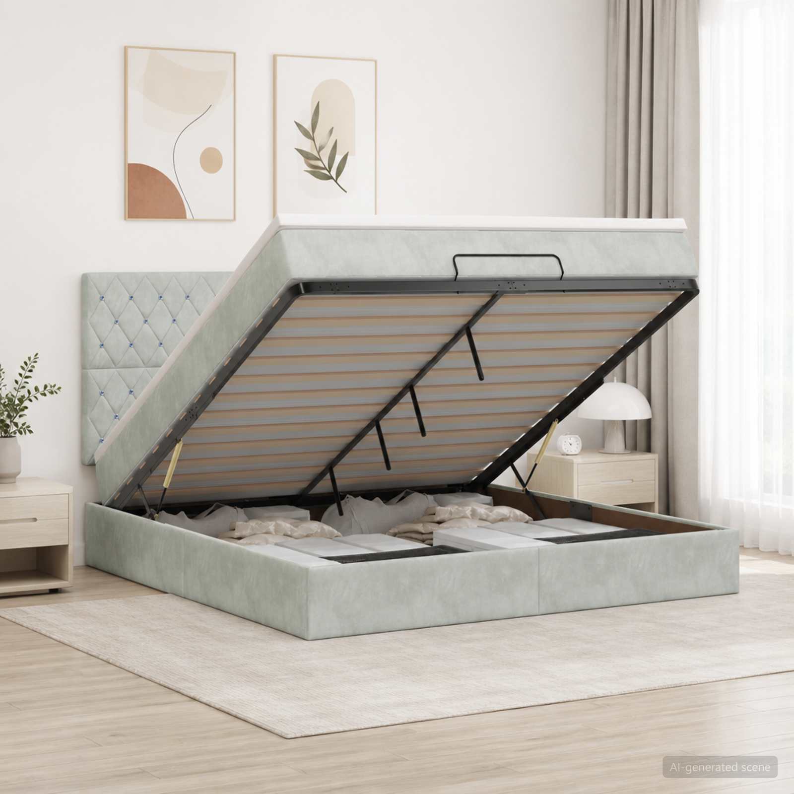 Letto Ottomano con Materasso e LED Grigio Chiaro 160 x 200 cm | homemem39