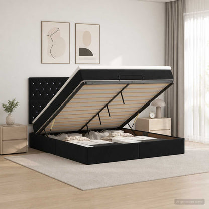 Letto Ottomano con Materasso e LED Nero 140 x 200 cm Velluto | homemem39
