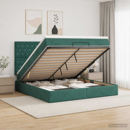 Letto Ottomano con Materasso e LED Verde Scuro 140 x 200 cm