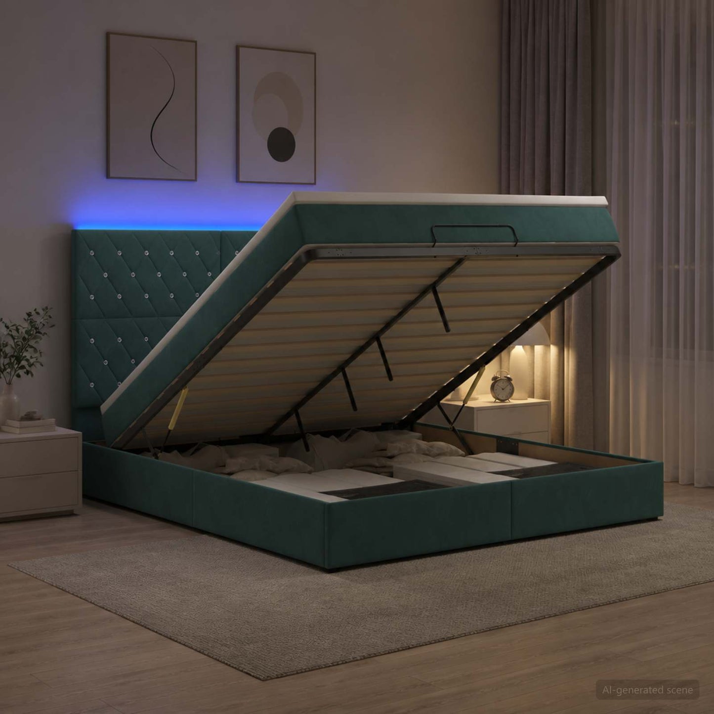 Letto Ottomano con Materasso e LED Verde Scuro 140 x 190 cm