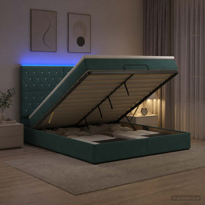 Letto Ottomano con Materasso e LED Verde Scuro 140 x 190 cm