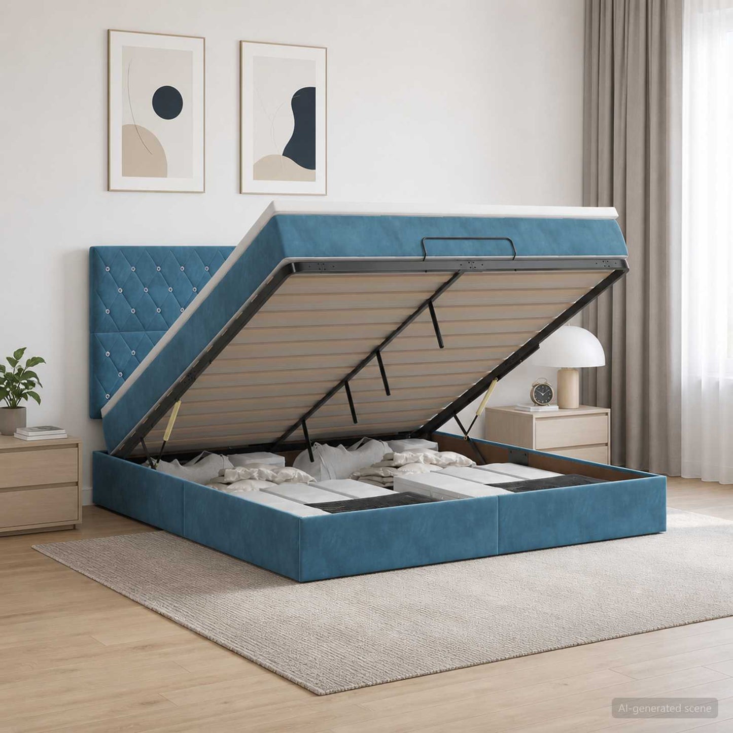 Letto ottomano con materasso Blu Scuro 140 x 190 cm Velluto