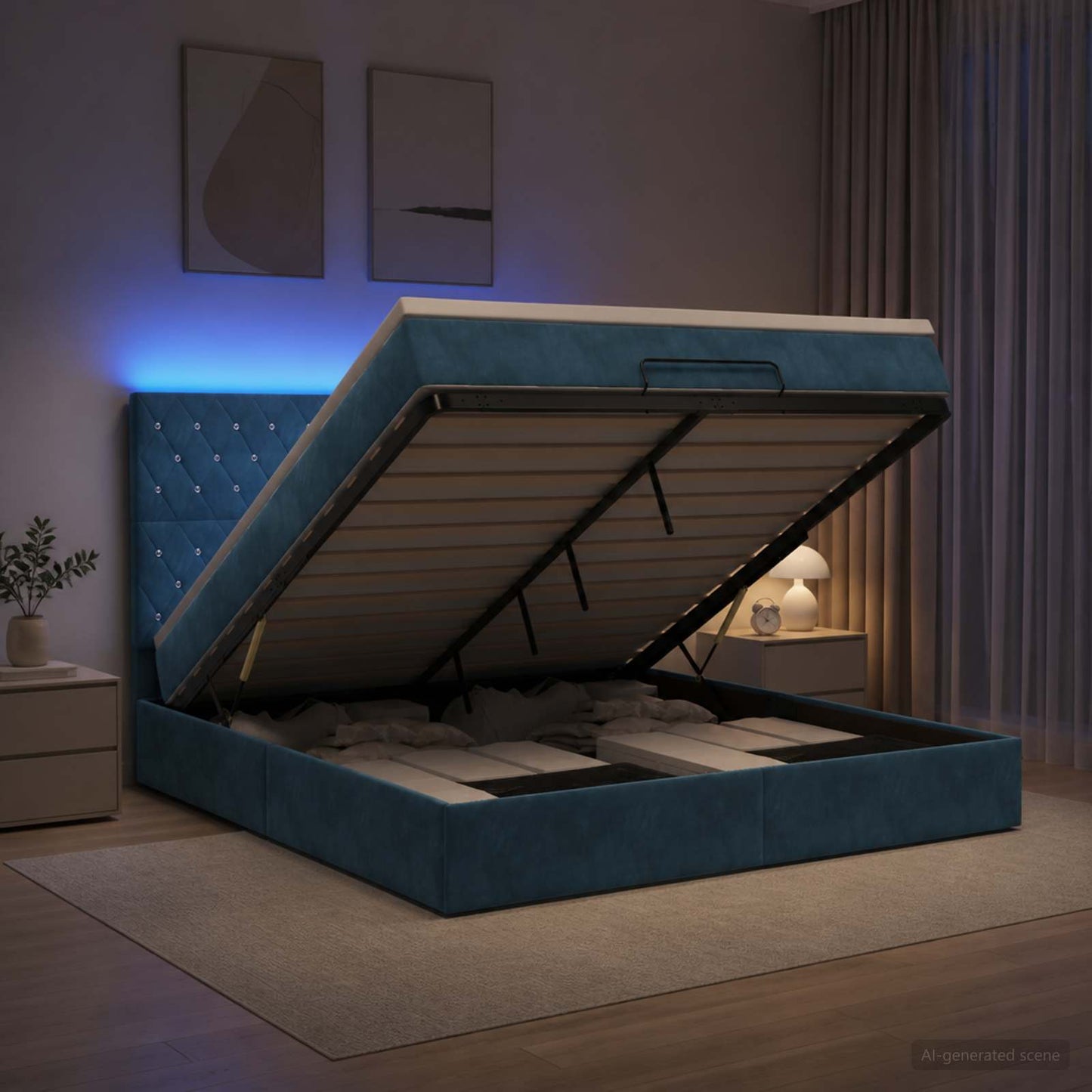 Letto Ottomano con Materasso e LED Blu scuro 140 x 200 cm | homemem39