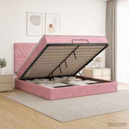 Letto Ottomano con Materasso e LED Rosa 140 x 190 cm Velluto | homemem39