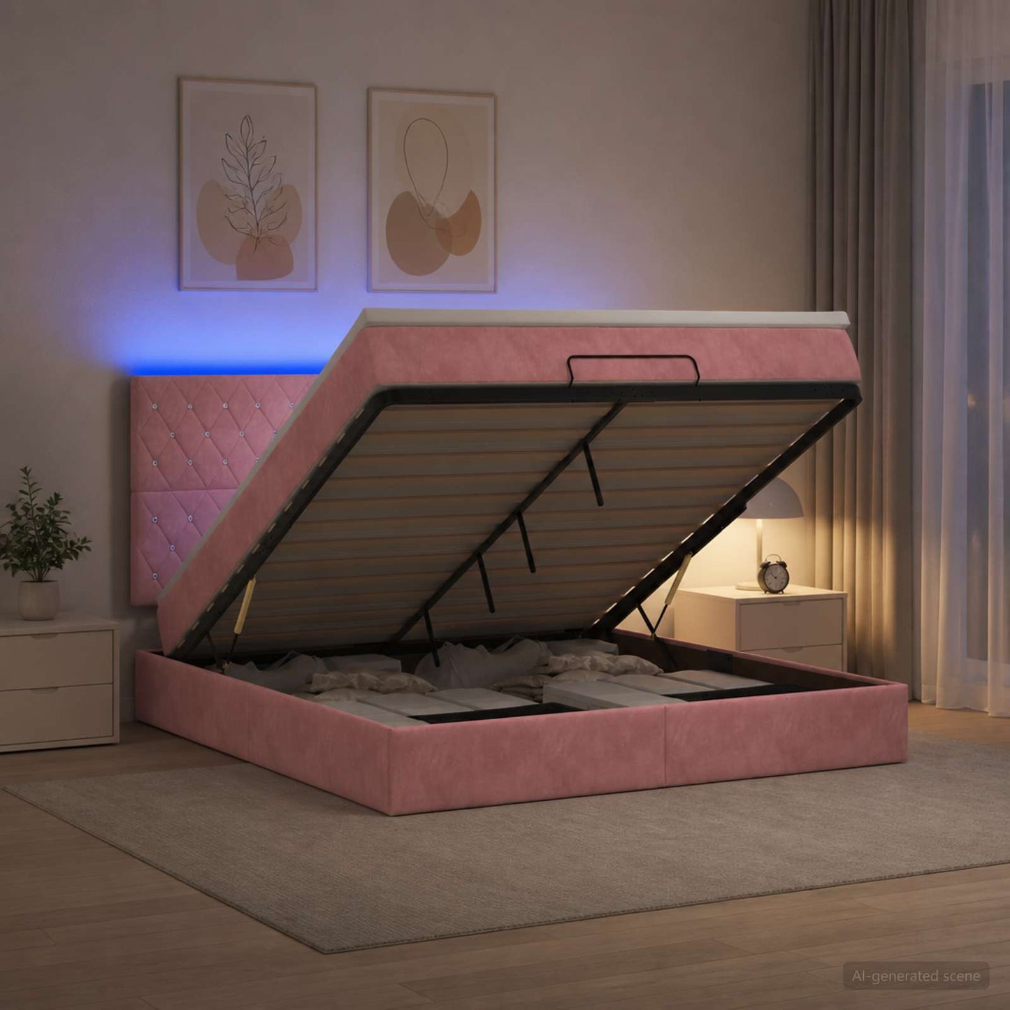 Letto Ottomano con Materasso e LED Rosa 140 x 200 cm Velluto | homemem39