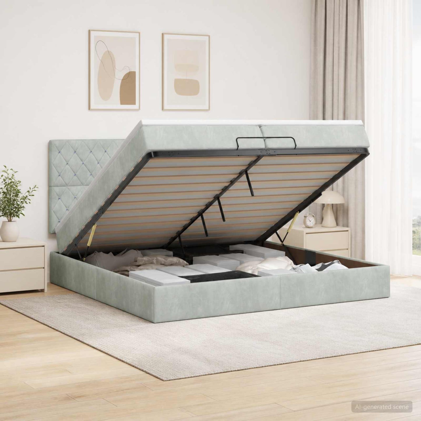 Letto Ottomano con Materasso e LED Grigio Chiaro 200 x 200 cm