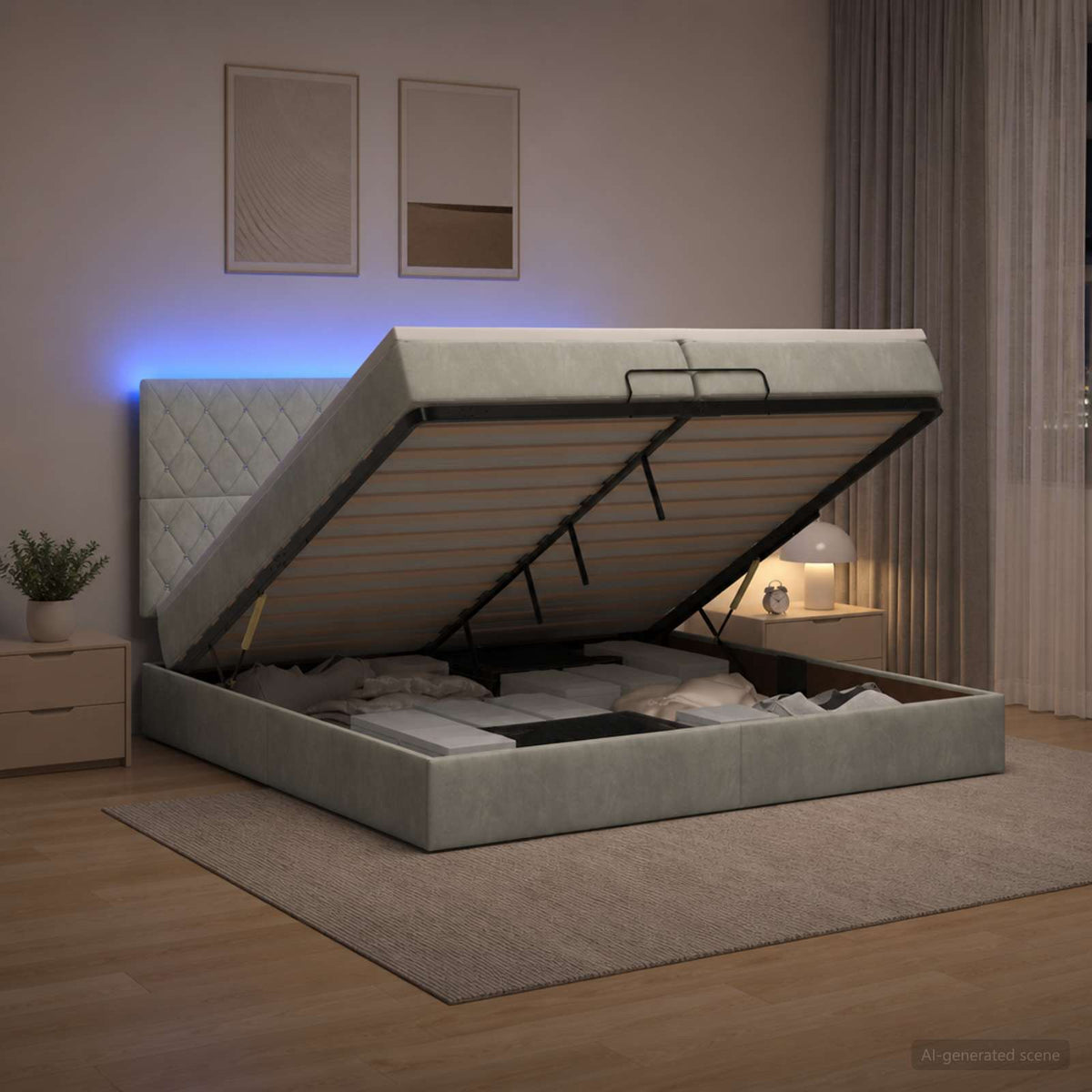 Letto Ottomano con Materasso e LED Grigio Chiaro 200 x 200 cm | homemem39