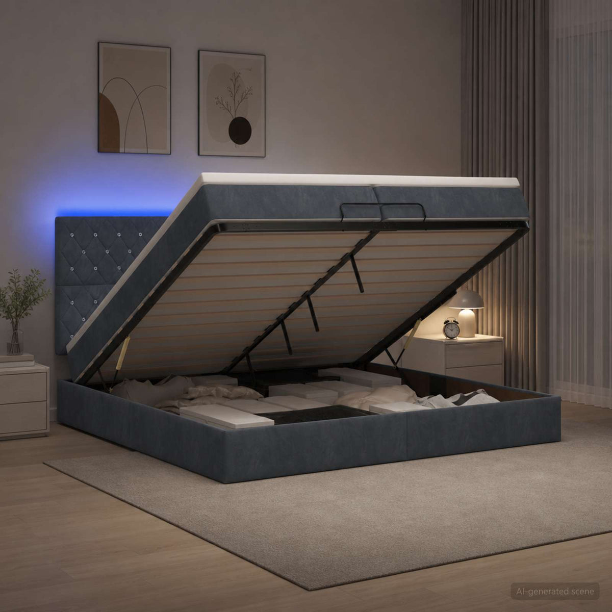 Letto Ottomano con Materasso e LED Grigio Scuro 200 x 200 cm | homemem39