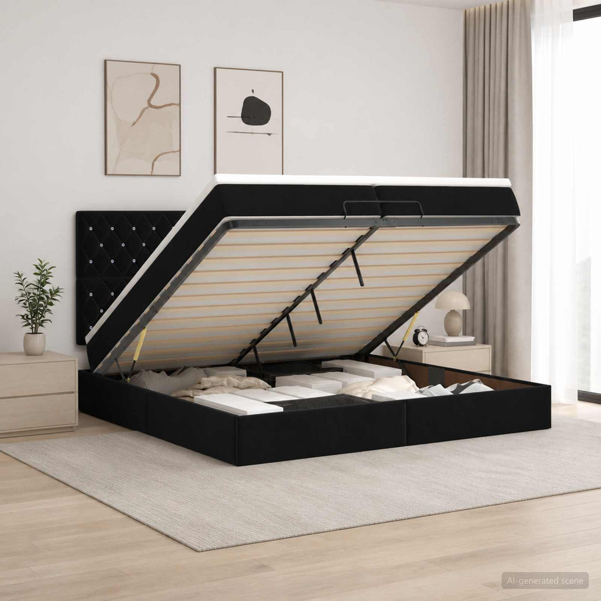 Letto ottomano con materasso Nero 200 x 200 cm Velluto