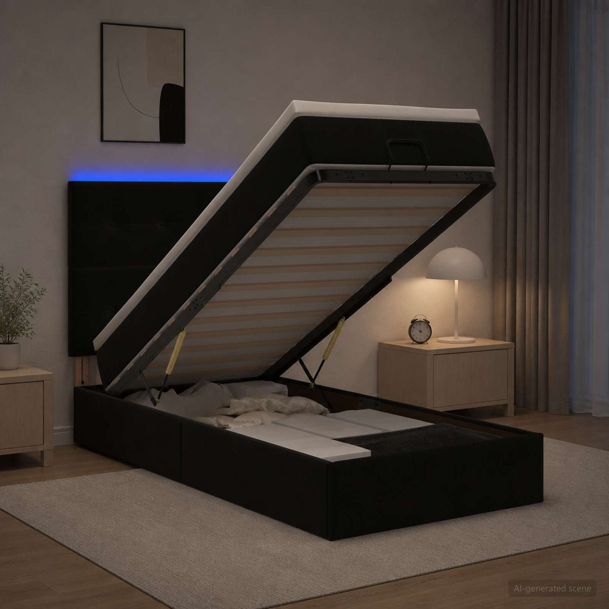 Letto Ottomano con Materasso e LED Nero 90 x 200 cm Velluto | homemem39