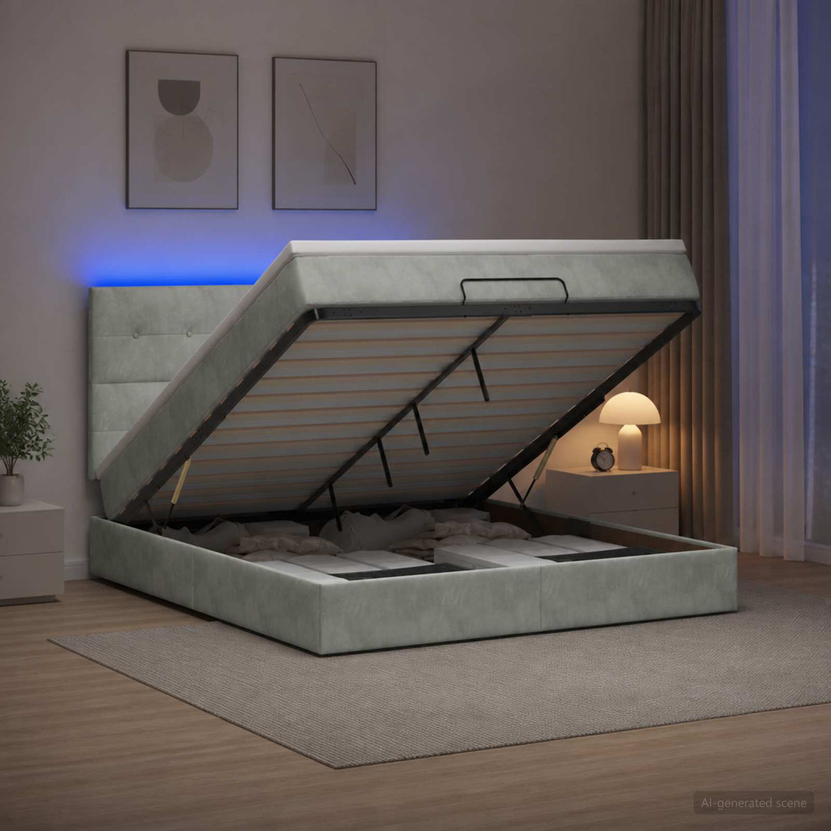 Letto Ottomano con Materasso e LED Grigio Chiaro 160 x 200 cm | homemem39
