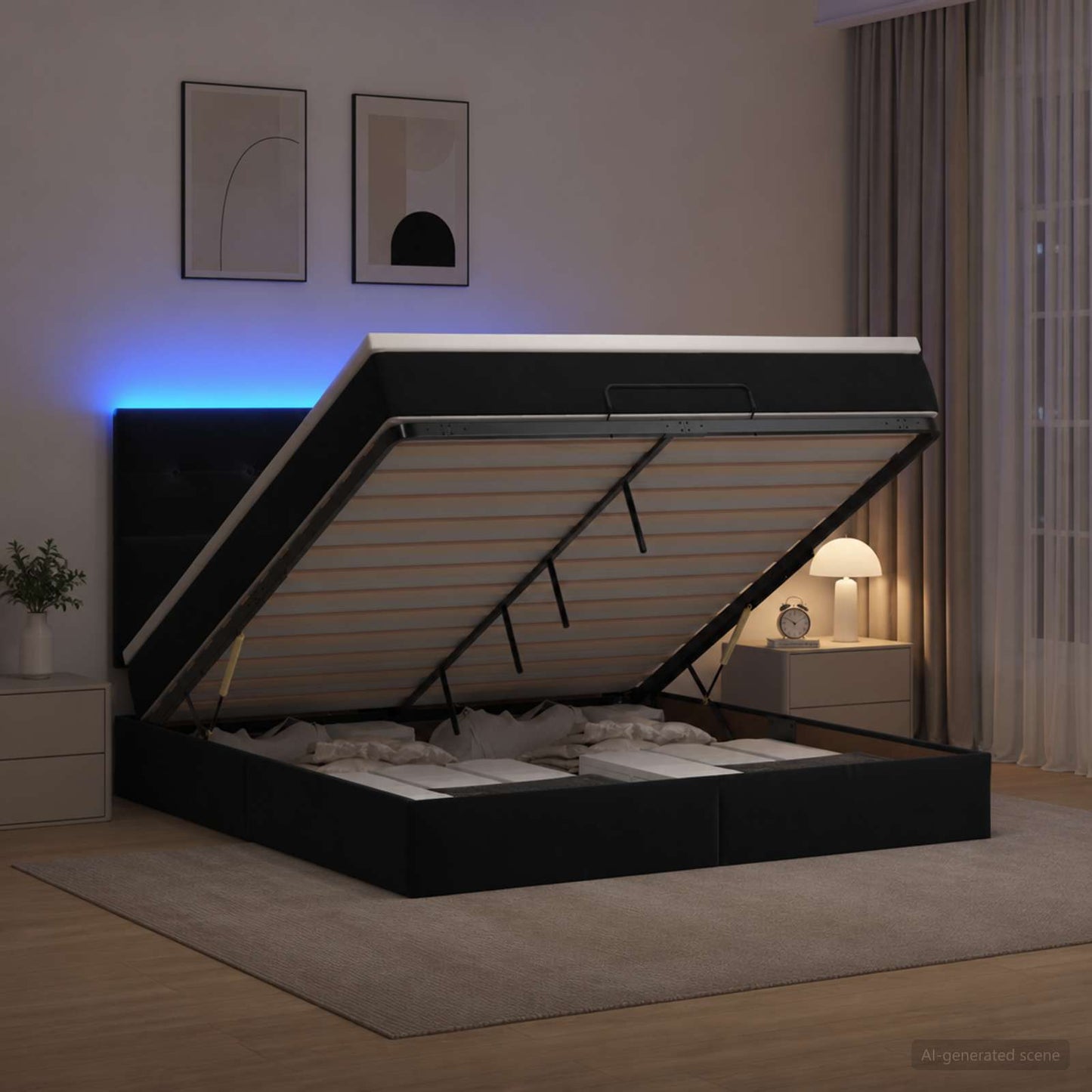 Letto Ottomano con Materasso e LED Nero 140 x 200 cm Velluto