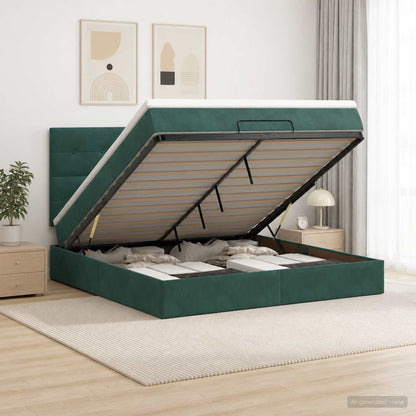 Letto Ottomano con Materasso e LED Verde Scuro 140 x 190 cm