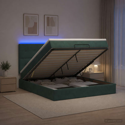 Letto Ottomano con Materasso e LED Verde Scuro 140 x 200 cm