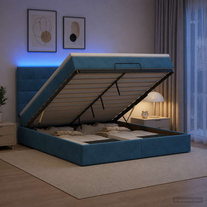 Letto Ottomano con Materasso e LED Blu scuro 160 x 200 cm