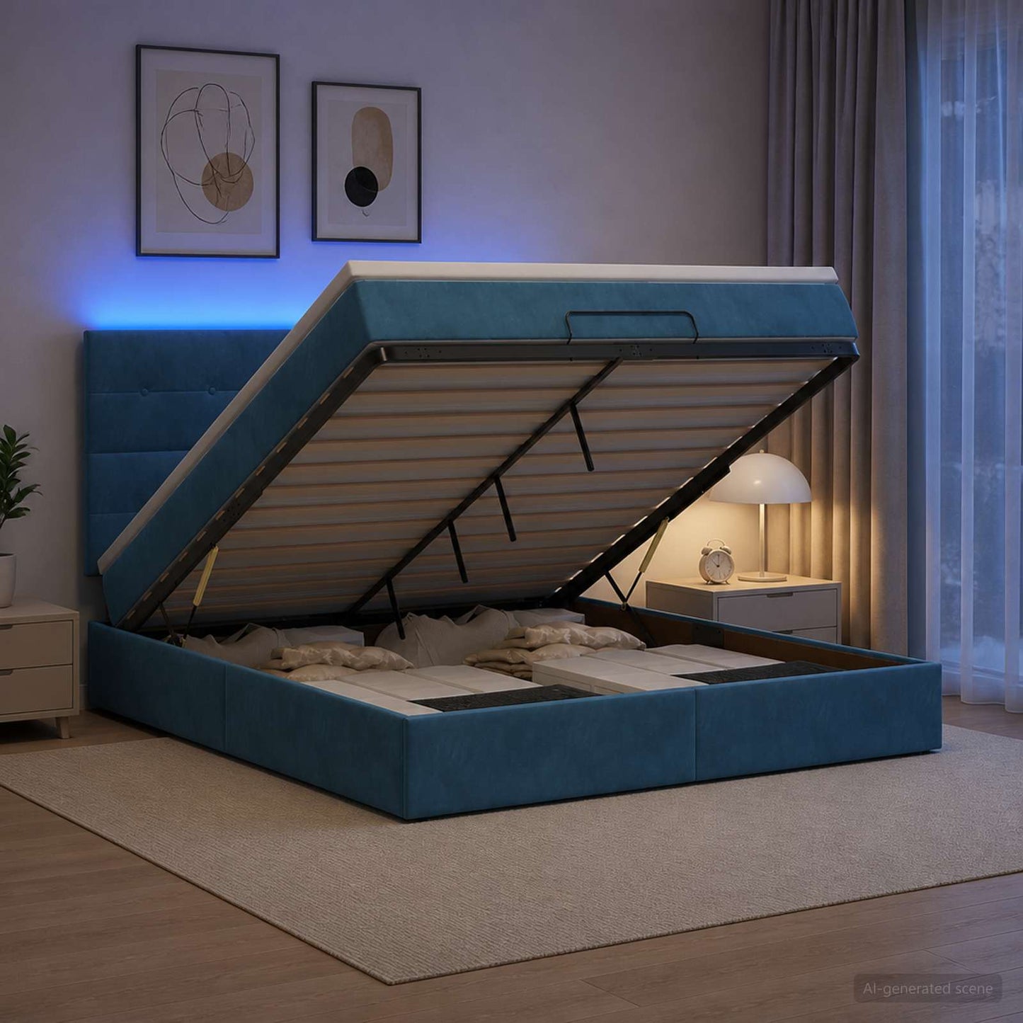 Letto Ottomano con Materasso e LED Blu scuro 140 x 200 cm